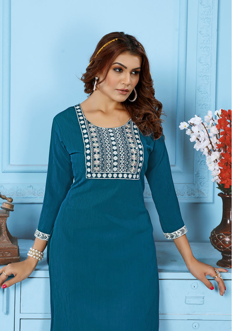 Teal blue Rinkal Cotton with Embroidered Work Kurti With Pant