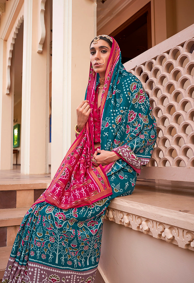 Teal Blue Silk Printed Saree