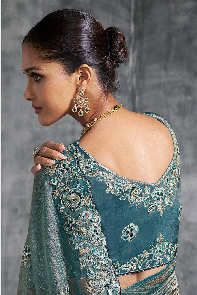 Teal Blue Tissue Traditional Saree with Embroidered, Resham and Thread Work for Ceremonial
