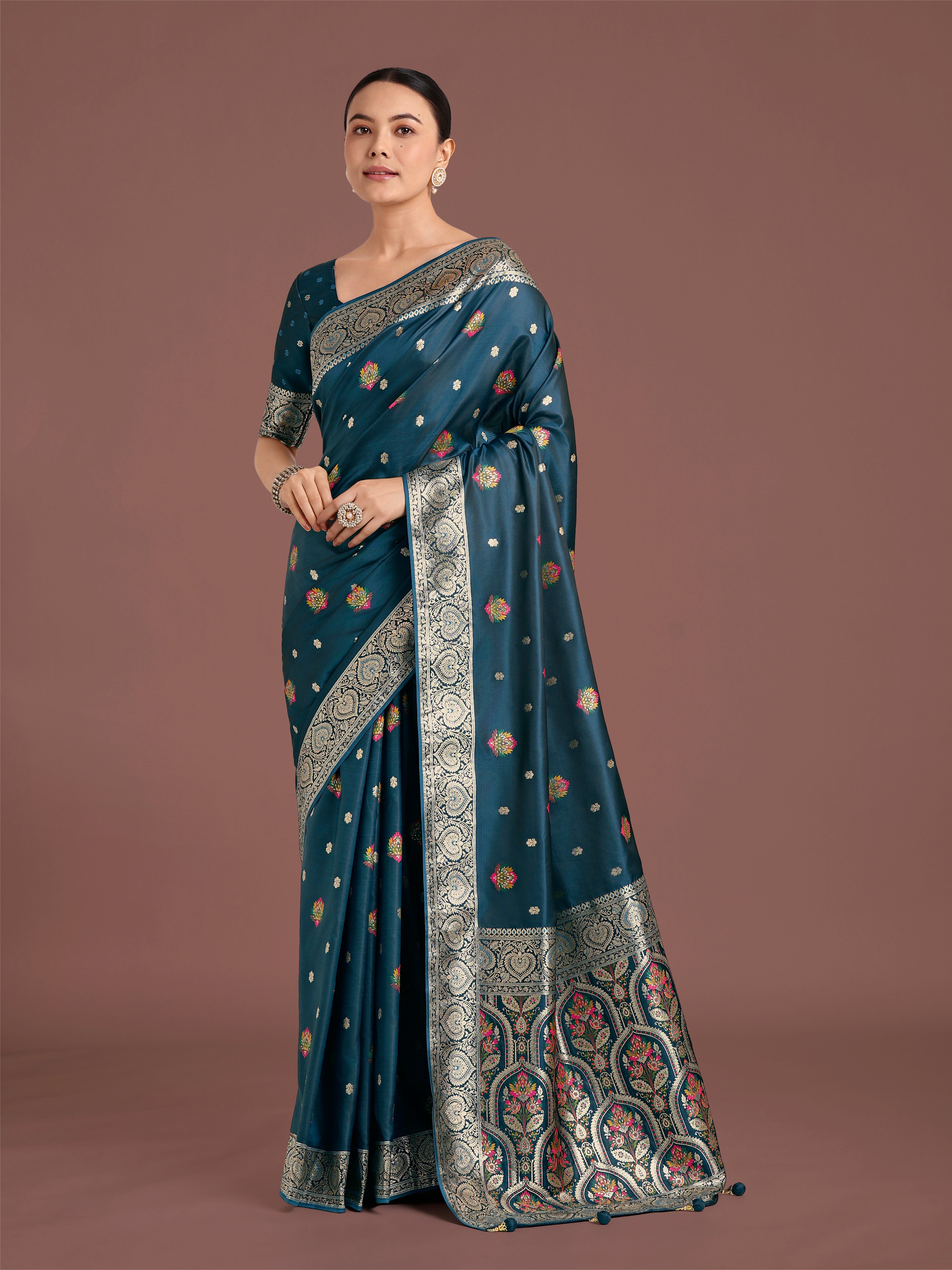 Teal Charming Soft Banarasi Zari Woven Designer Satin Silk Saree