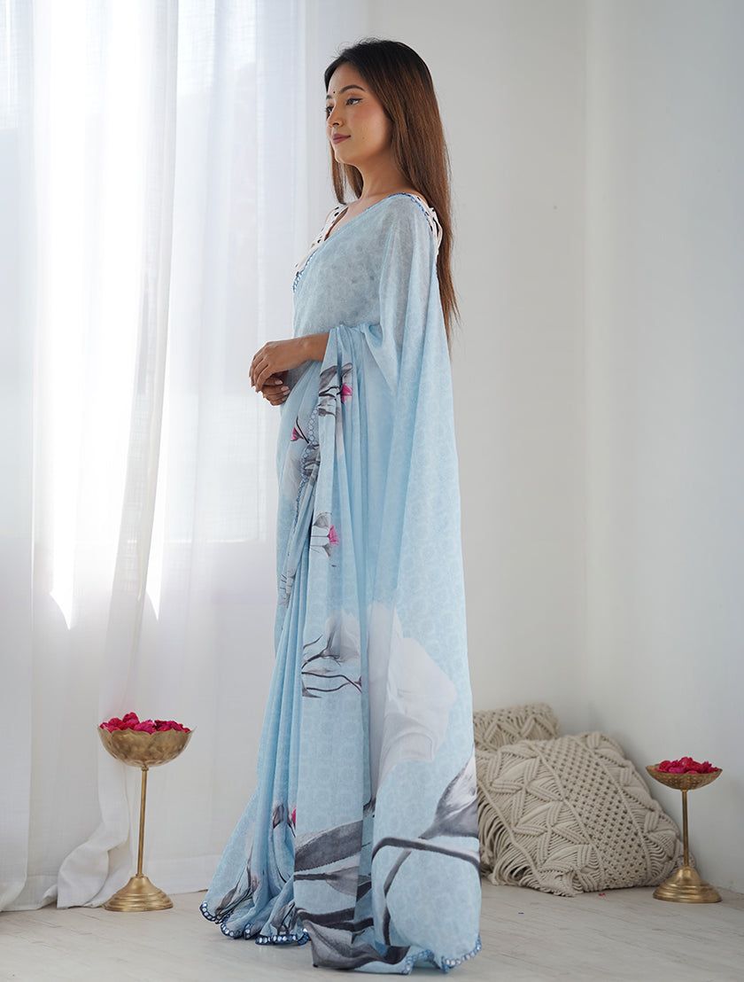Sky Blue Chinon Digital Print Mirror Cut Work Saree