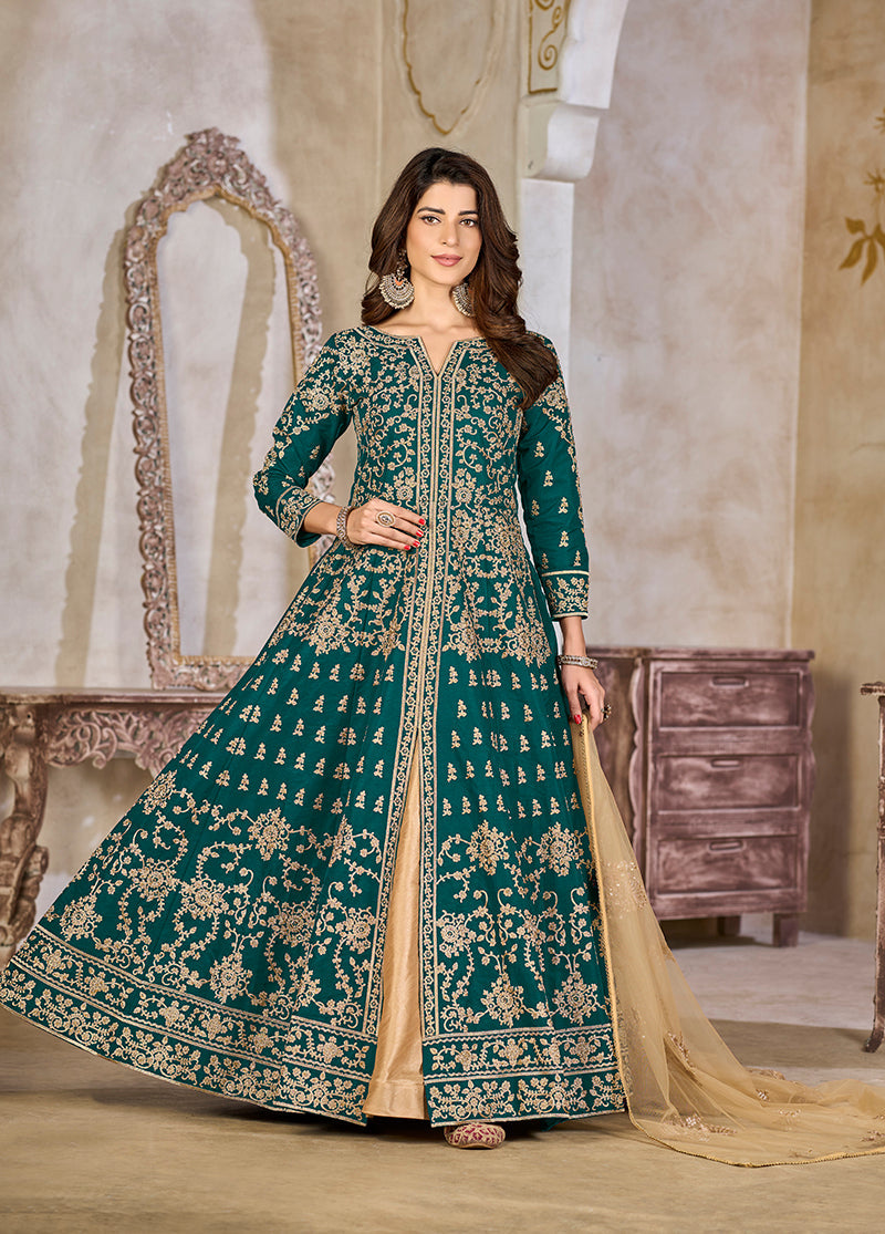 Teal Color Art Silk Embroidered Anarkali Salwar Kameez