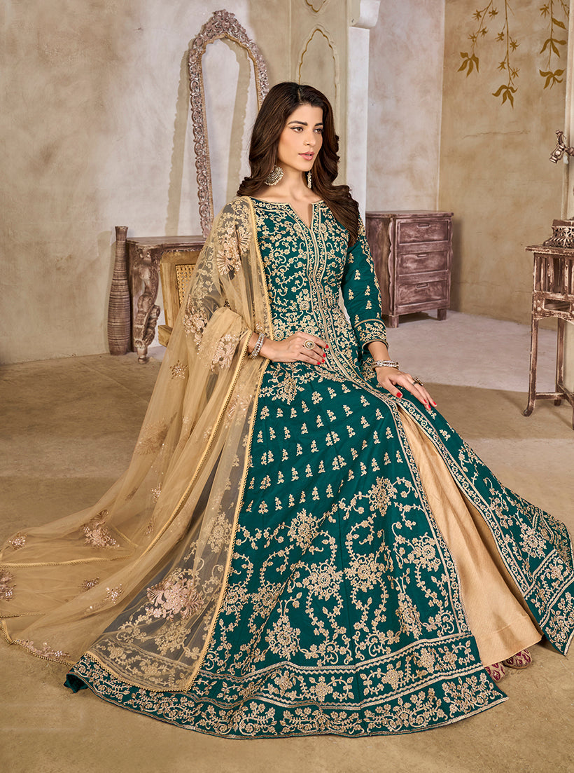 Teal Color Art Silk Embroidered Anarkali Salwar Kameez
