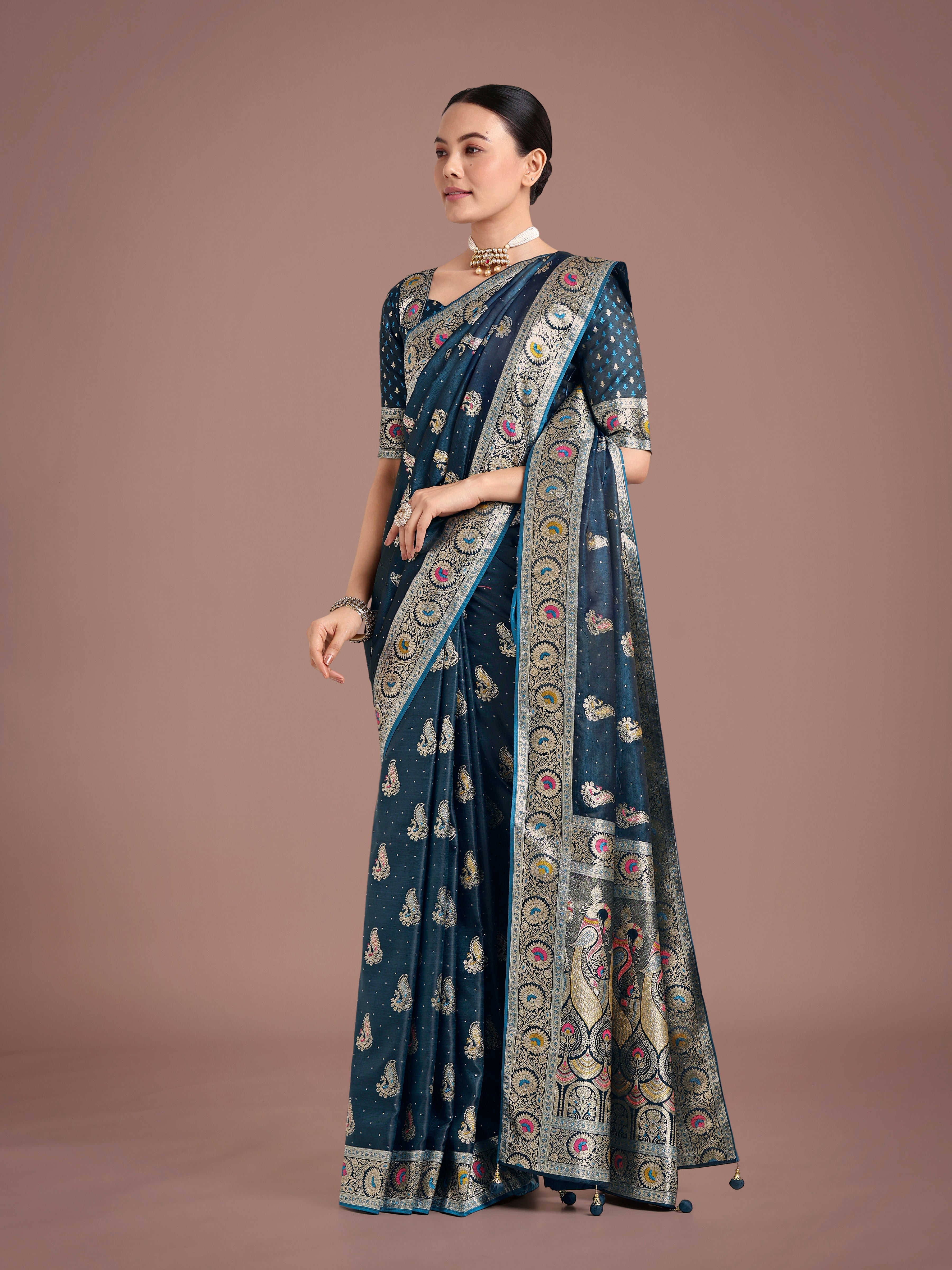 Teal Color Festival Wear Banarasi Satin Silk Designer Zari Weaving Saree