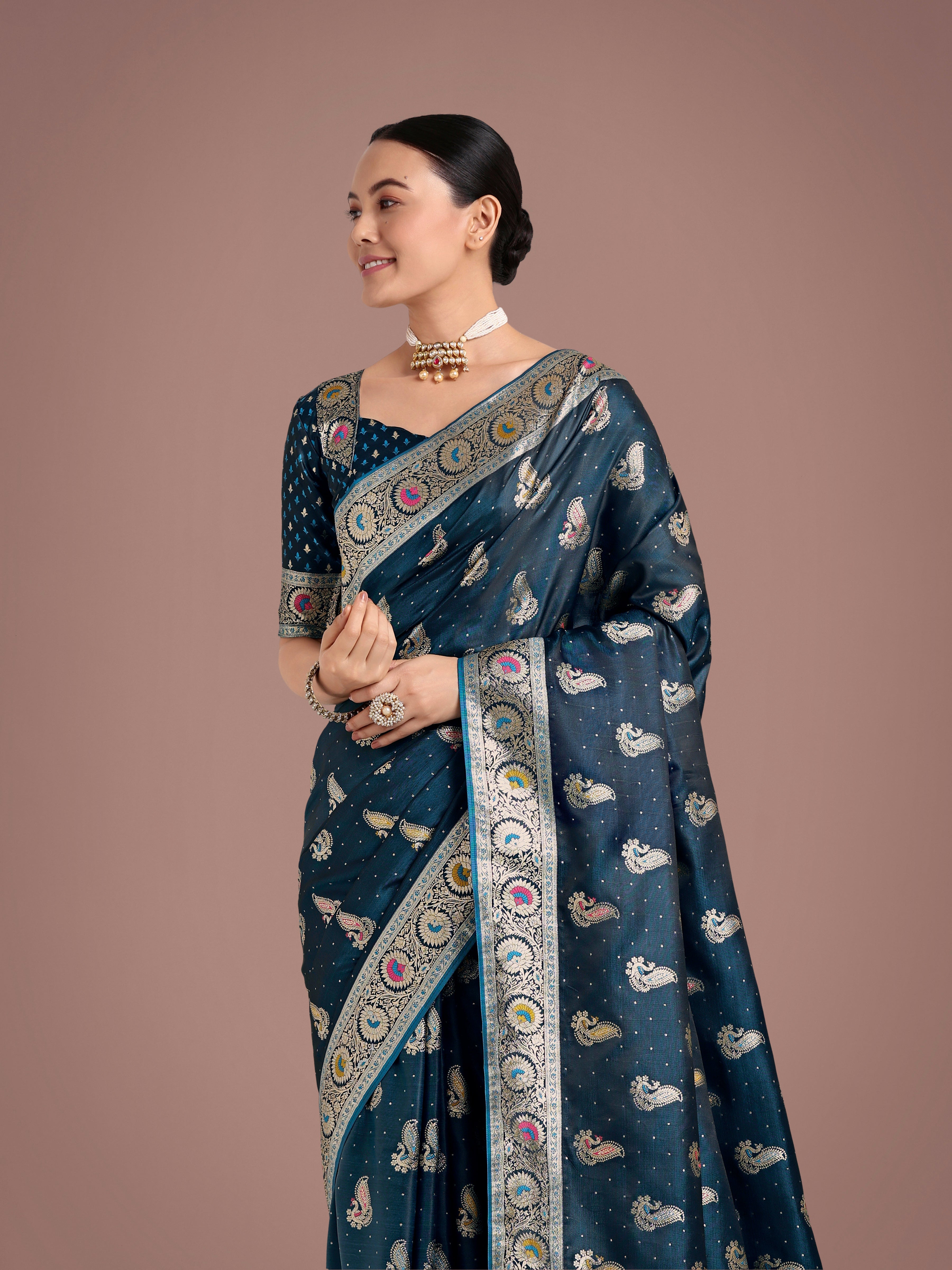 Teal Color Festival Wear Banarasi Satin Silk Designer Zari Weaving Saree