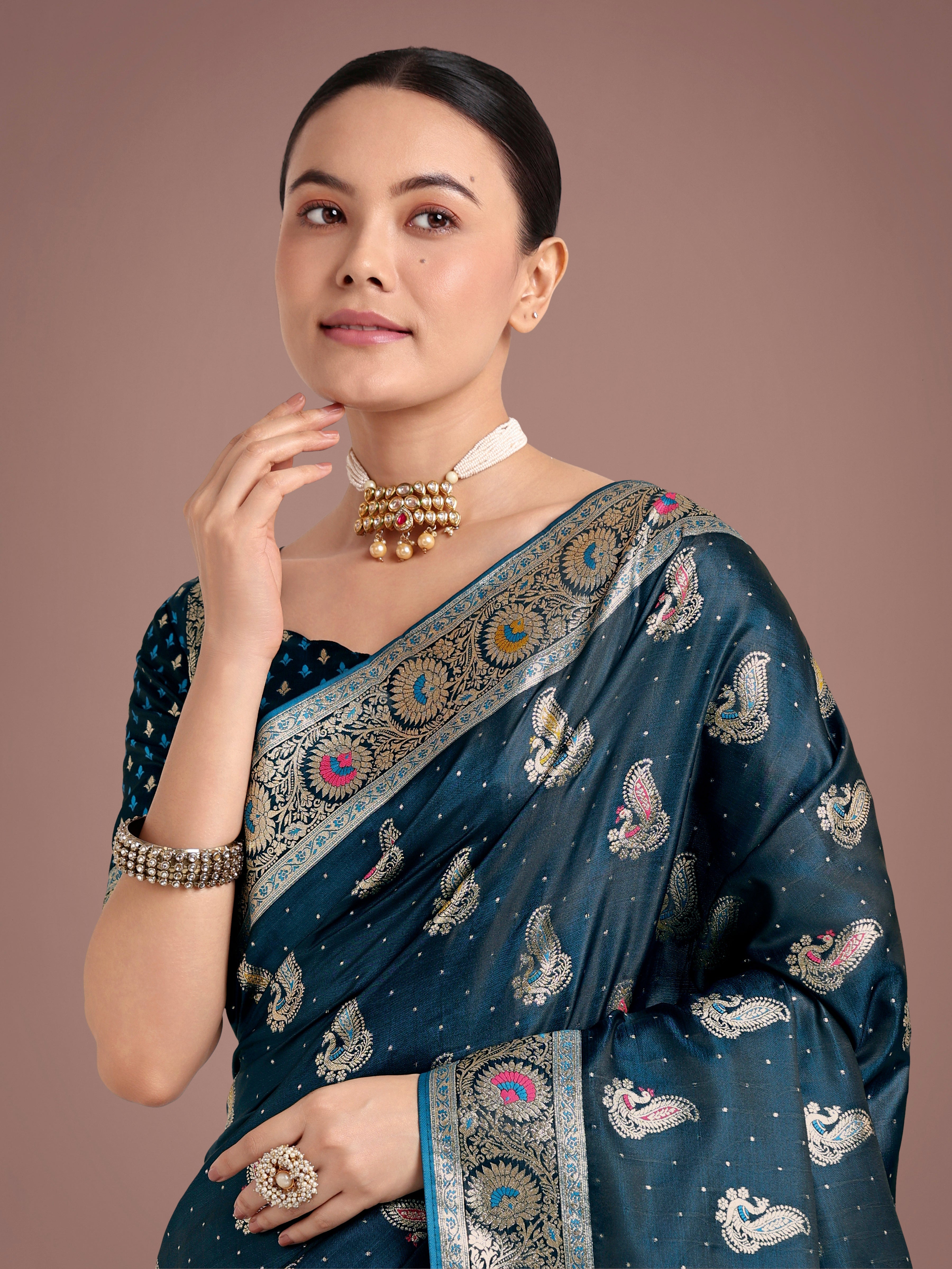 Teal Color Festival Wear Banarasi Satin Silk Designer Zari Weaving Saree