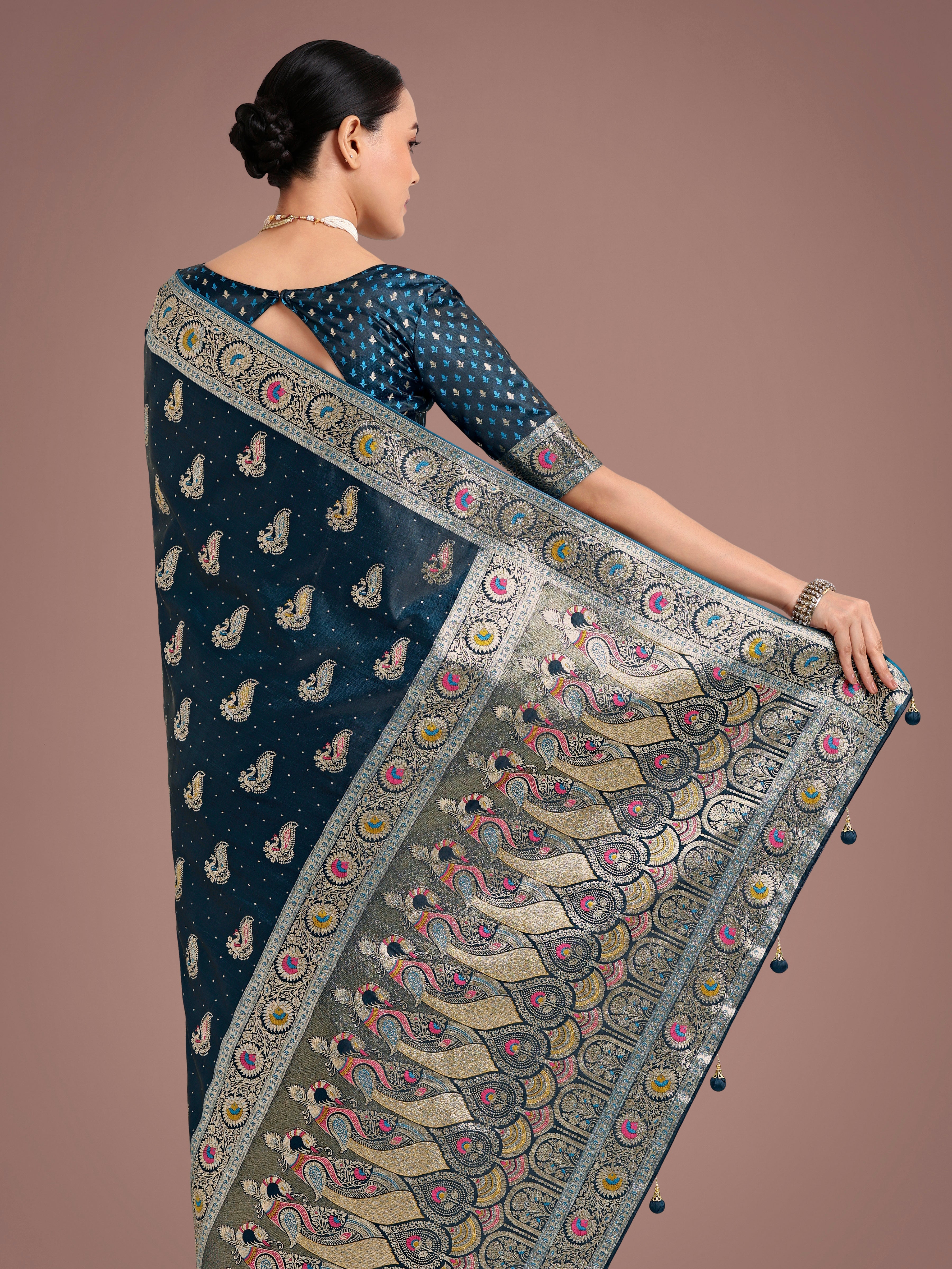 Teal Color Festival Wear Banarasi Satin Silk Designer Zari Weaving Saree