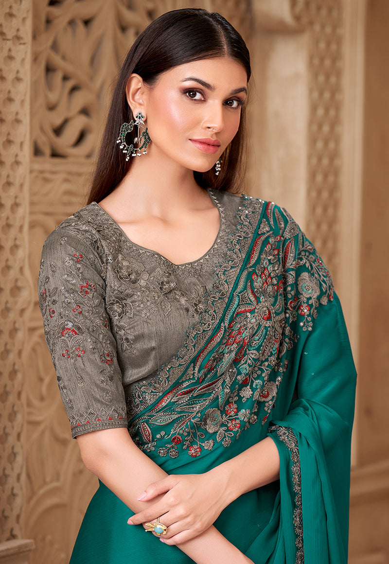 Teal Color Satin silk Fancy Designer Festival Saree