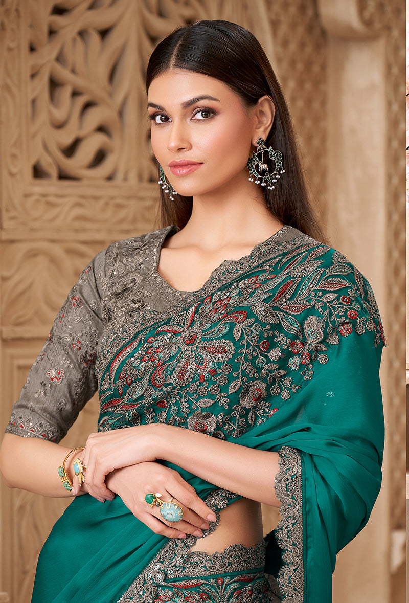 Teal Color Satin silk Fancy Designer Festival Saree