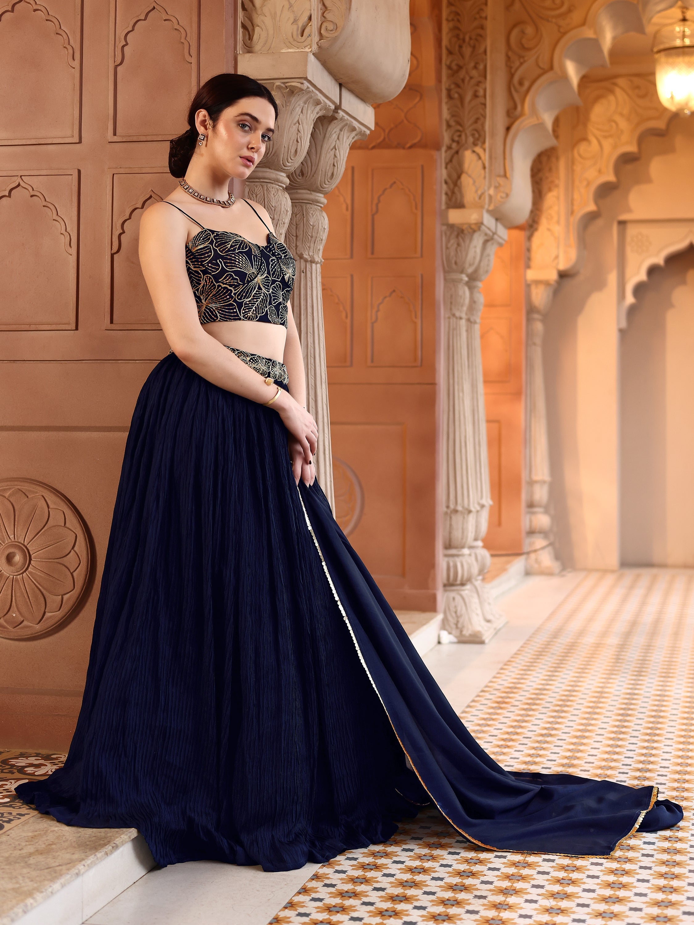 Navy Blue Crush Silk Lehenga with Designer Blouse & Dupatta