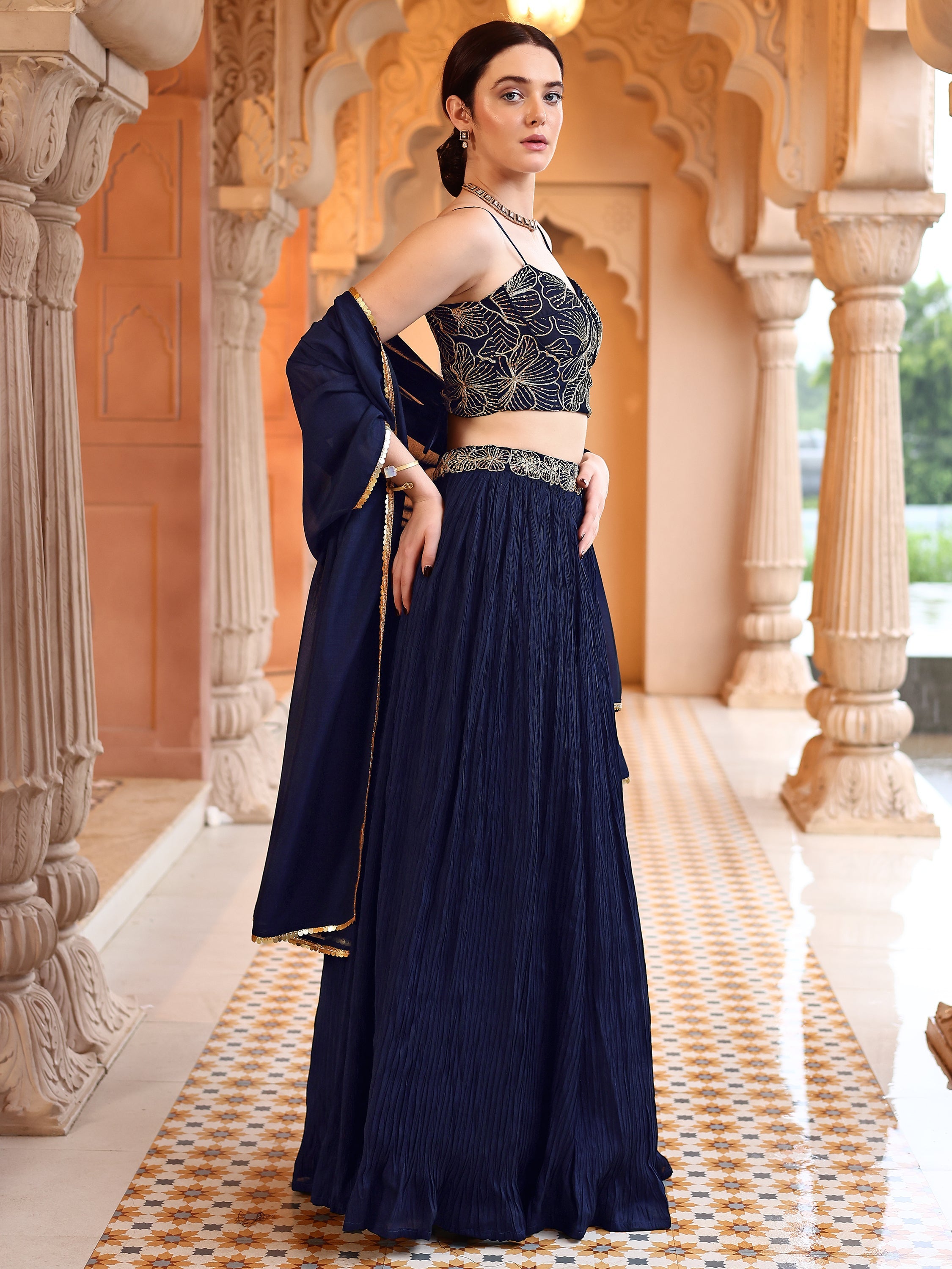 Navy Blue Crush Silk Lehenga with Designer Blouse & Dupatta
