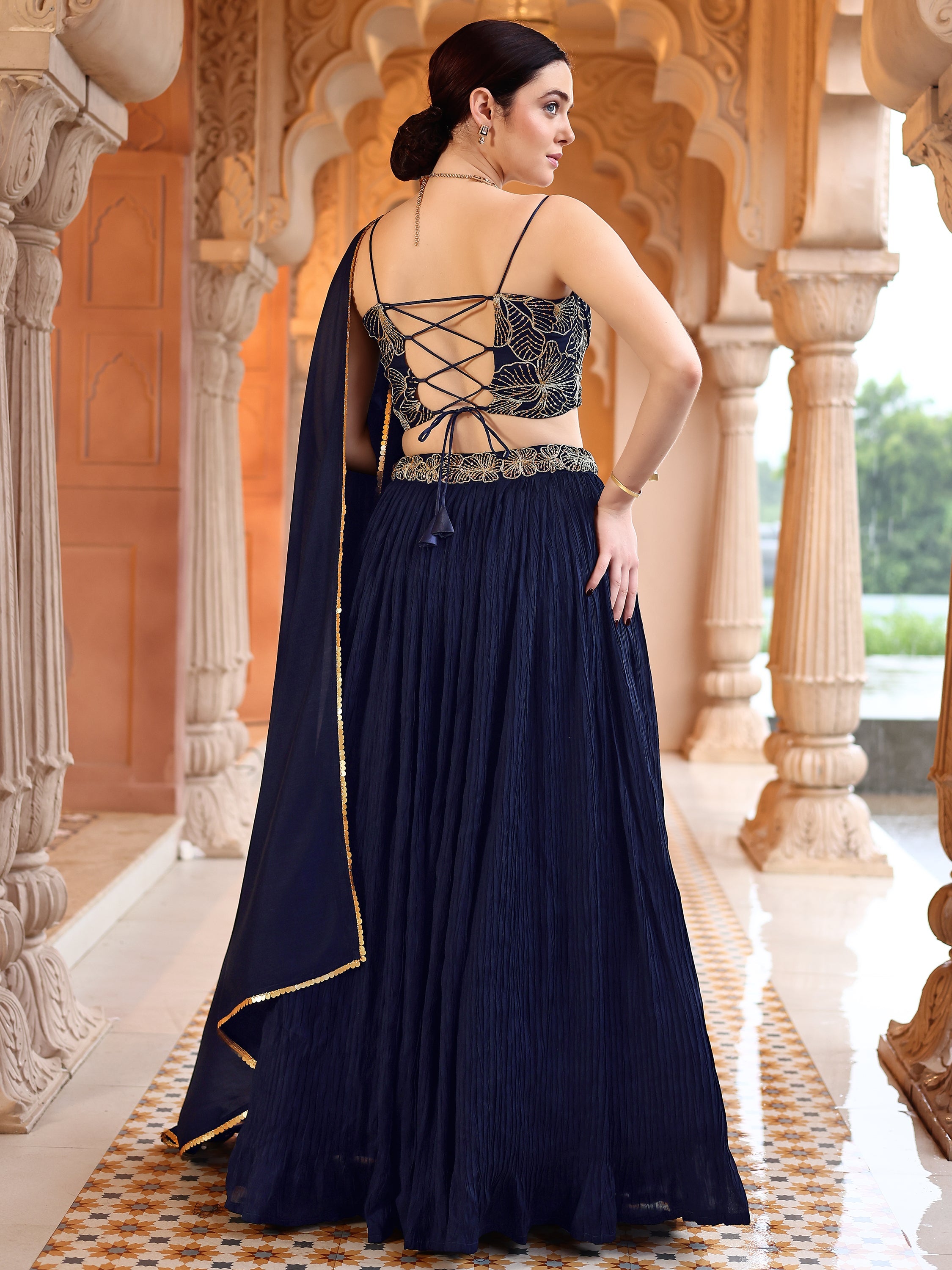 Navy Blue Crush Silk Lehenga with Designer Blouse & Dupatta