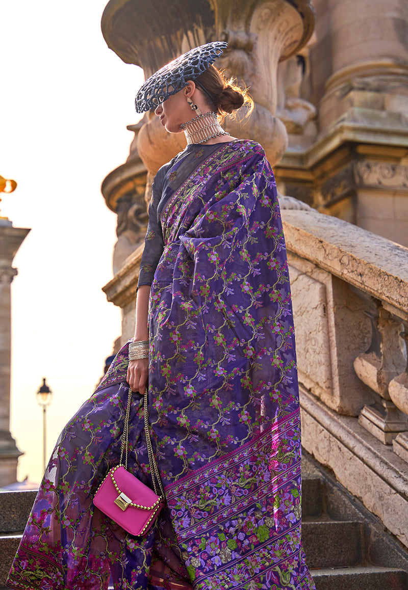 Purple Embellished Organza Woven Contemporary Saree