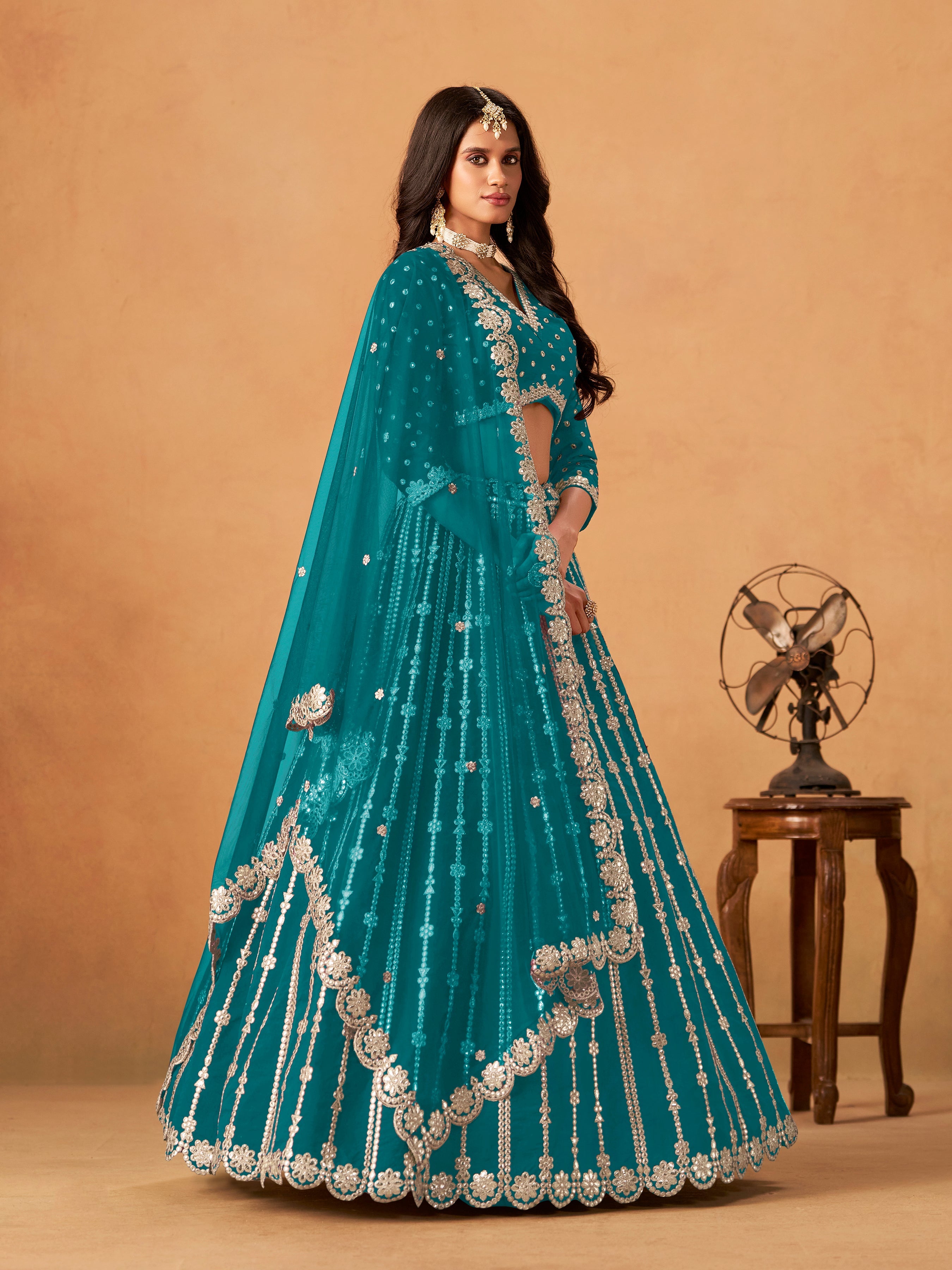Teal Embroidered Art Silk Designer Long Lehenga Choli