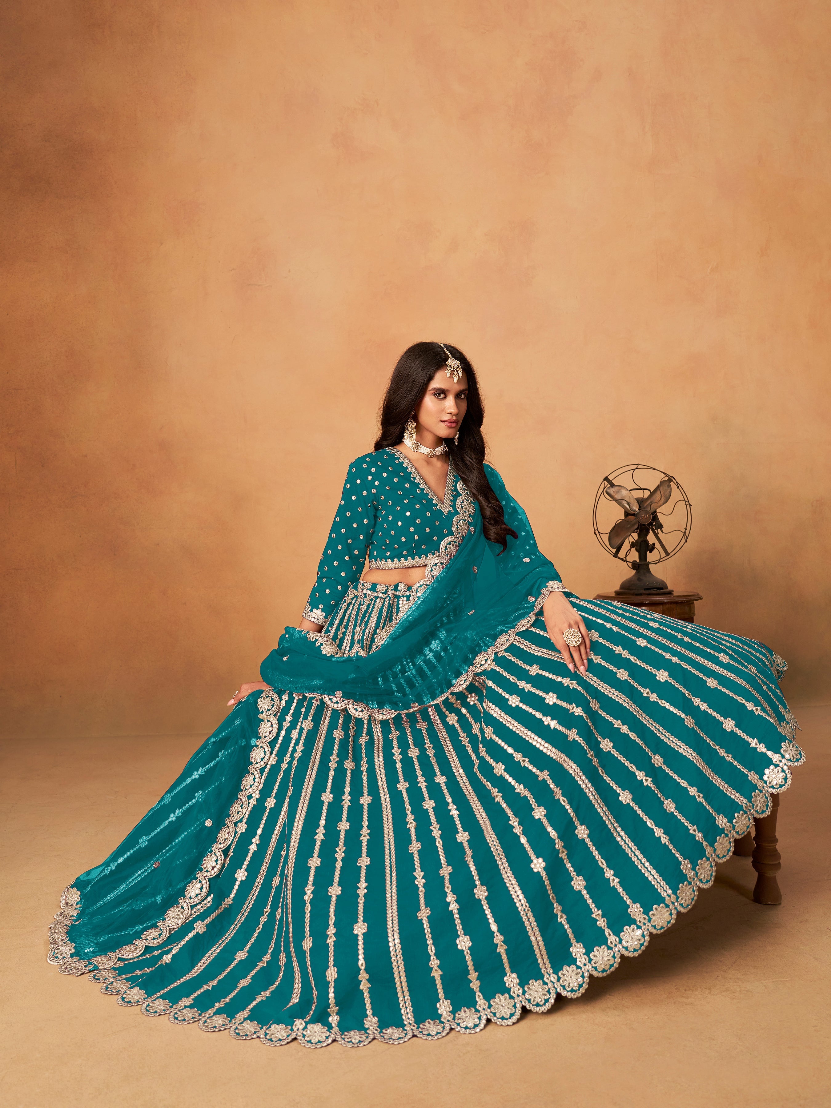 Teal Embroidered Art Silk Designer Long Lehenga Choli
