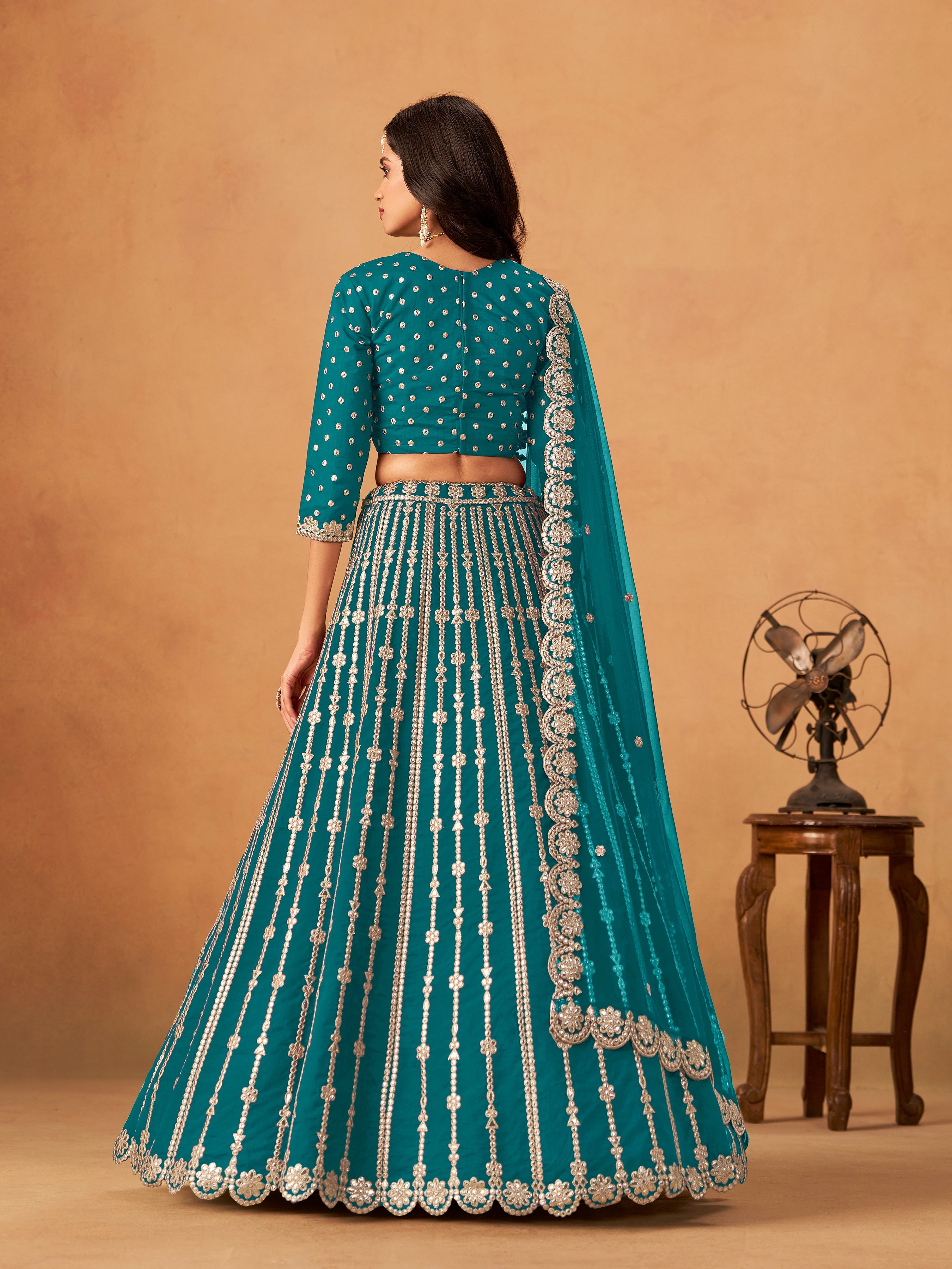 Teal Embroidered Art Silk Designer Long Lehenga Choli