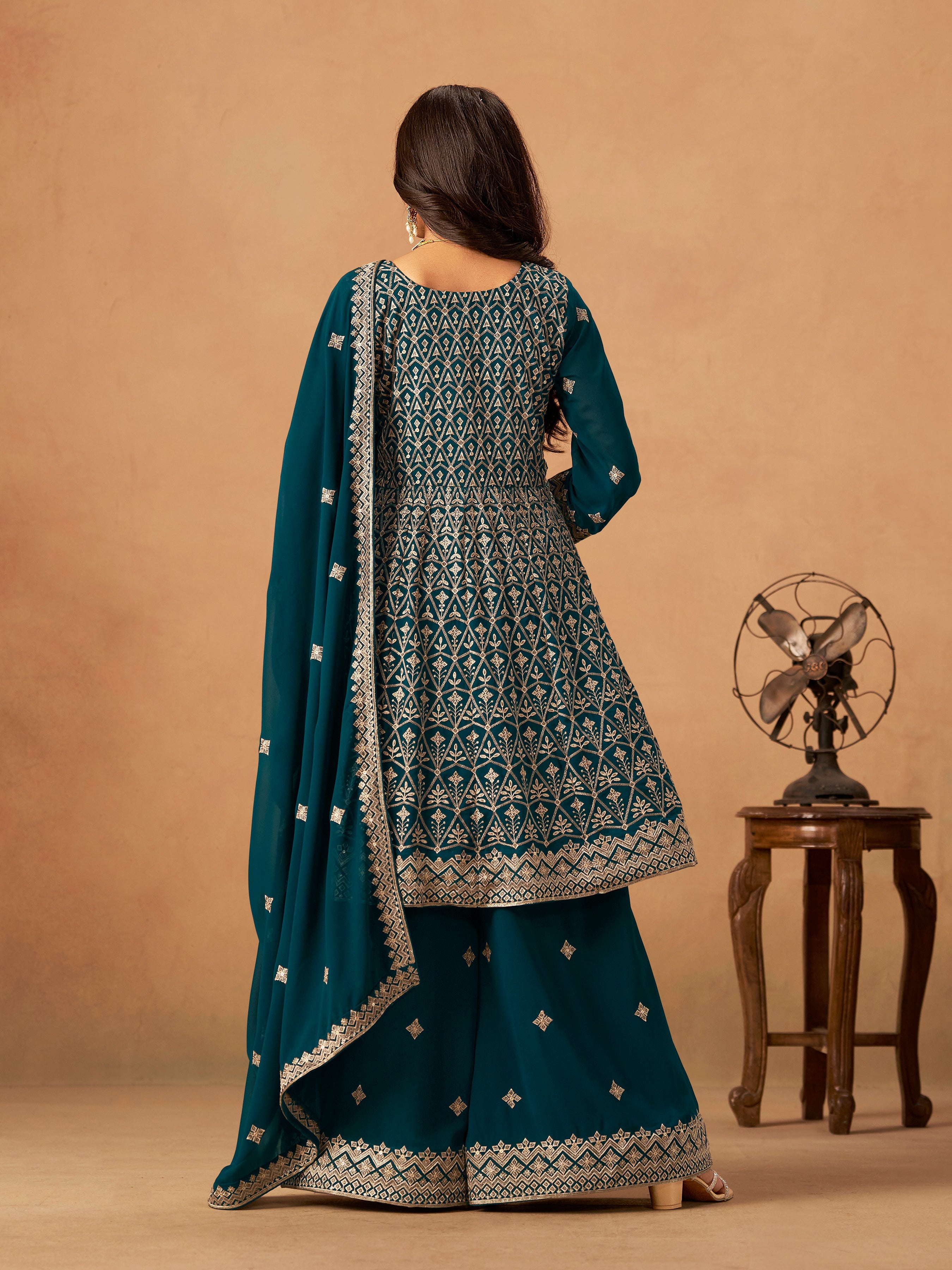 Teal Embroidered Faux Georgette Trendy Palazzo Salwar Kameez