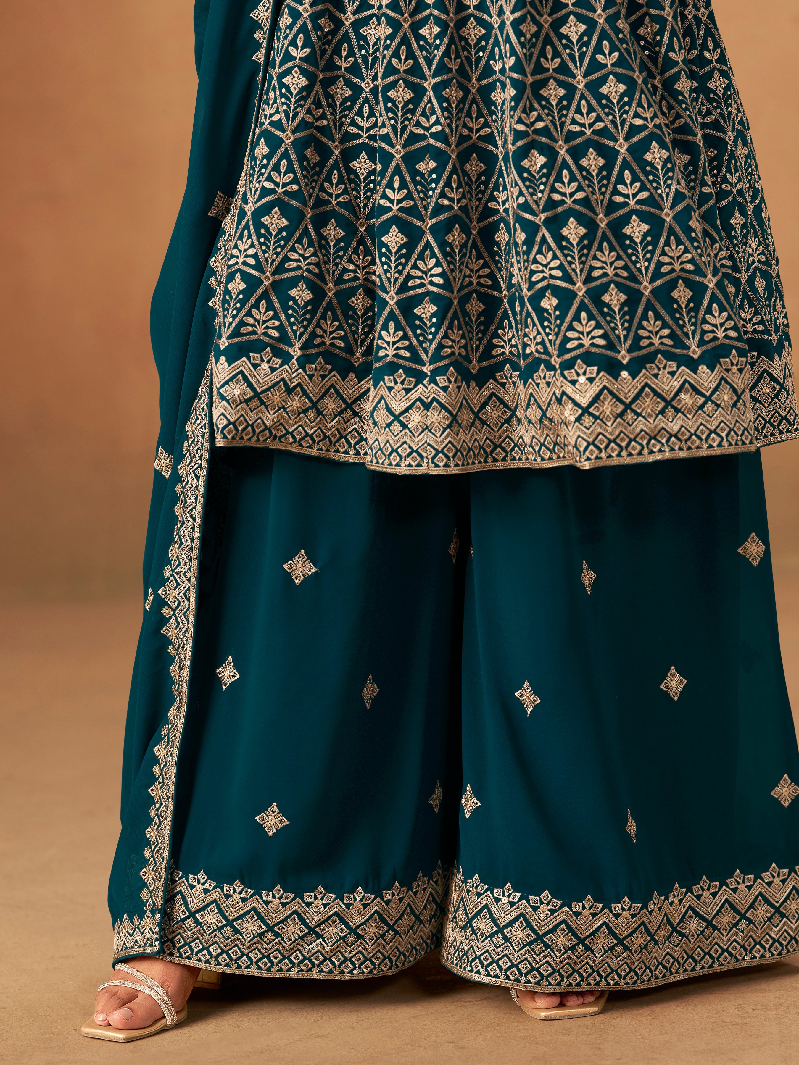 Teal Embroidered Faux Georgette Trendy Palazzo Salwar Kameez