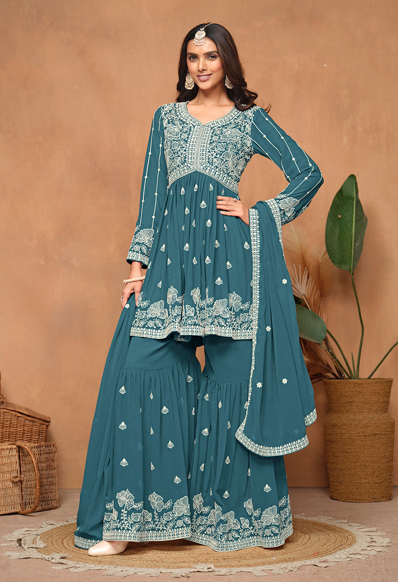 Teal Faux Georgette Embroidered Trendy Salwar Kameez