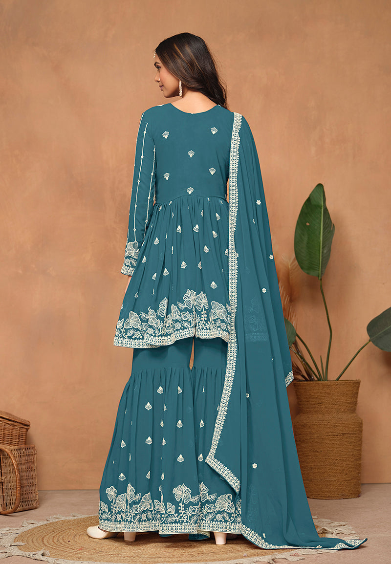 Teal Faux Georgette Embroidered Trendy Salwar Kameez