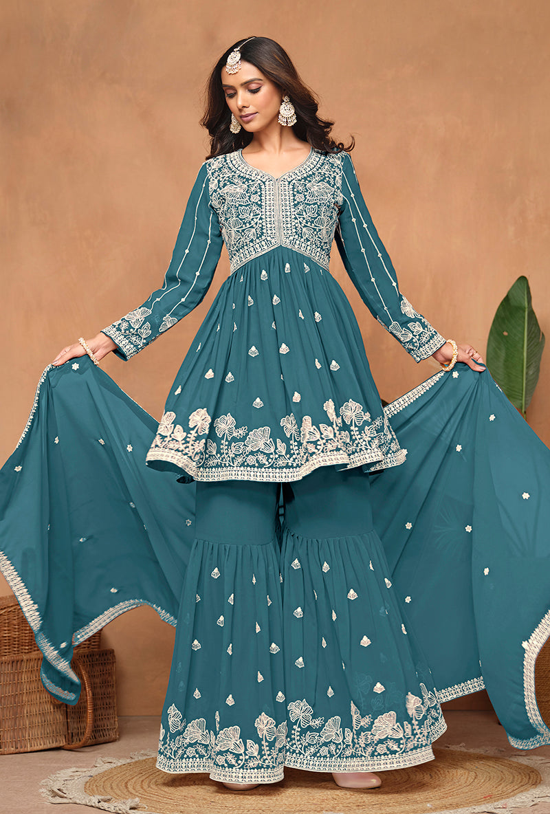 Teal Faux Georgette Embroidered Trendy Salwar Kameez