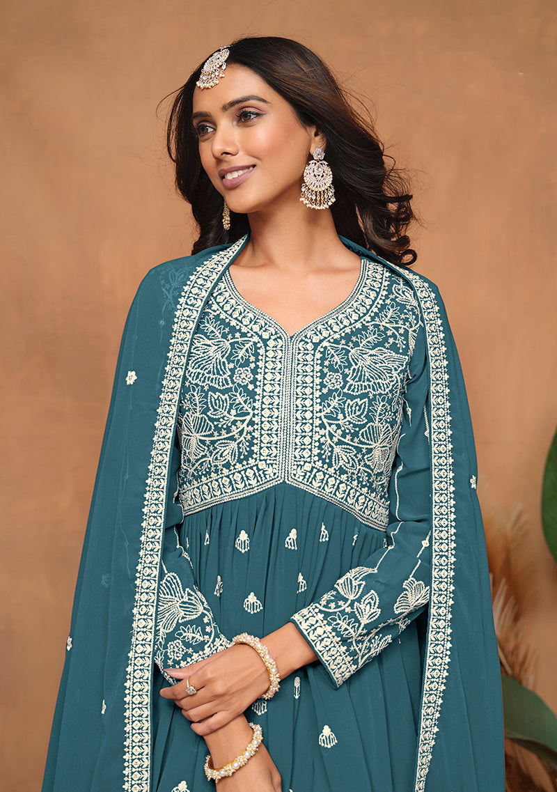Teal Faux Georgette Embroidered Trendy Salwar Kameez