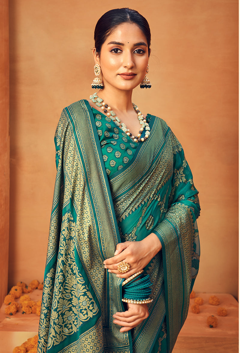 Teal Georgette Printed Zari Woven Saree