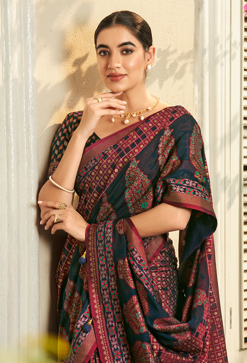 Teal Georgette Weaving Work Printed Saree