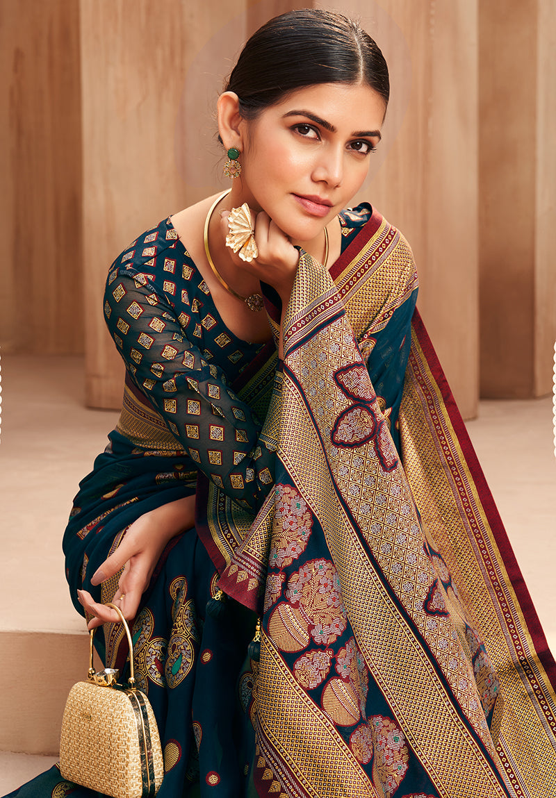 Teal Georgette Weaving Work Saree