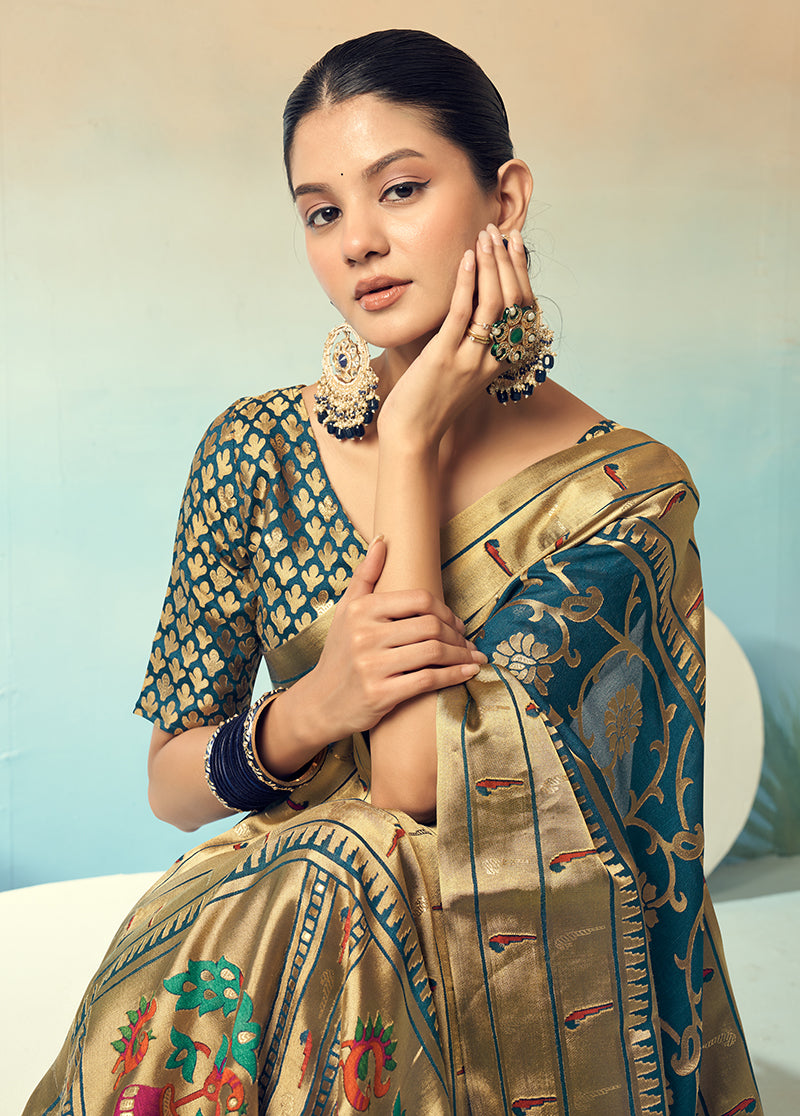 Teal Georgette Weaving Zari Work Saree