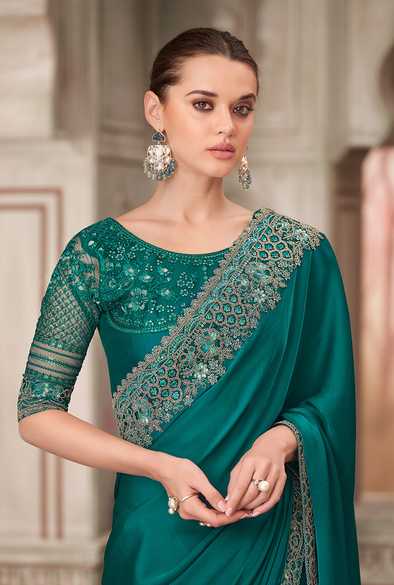 Teal Green Satin Silk Embroidered Sequins Work Saree