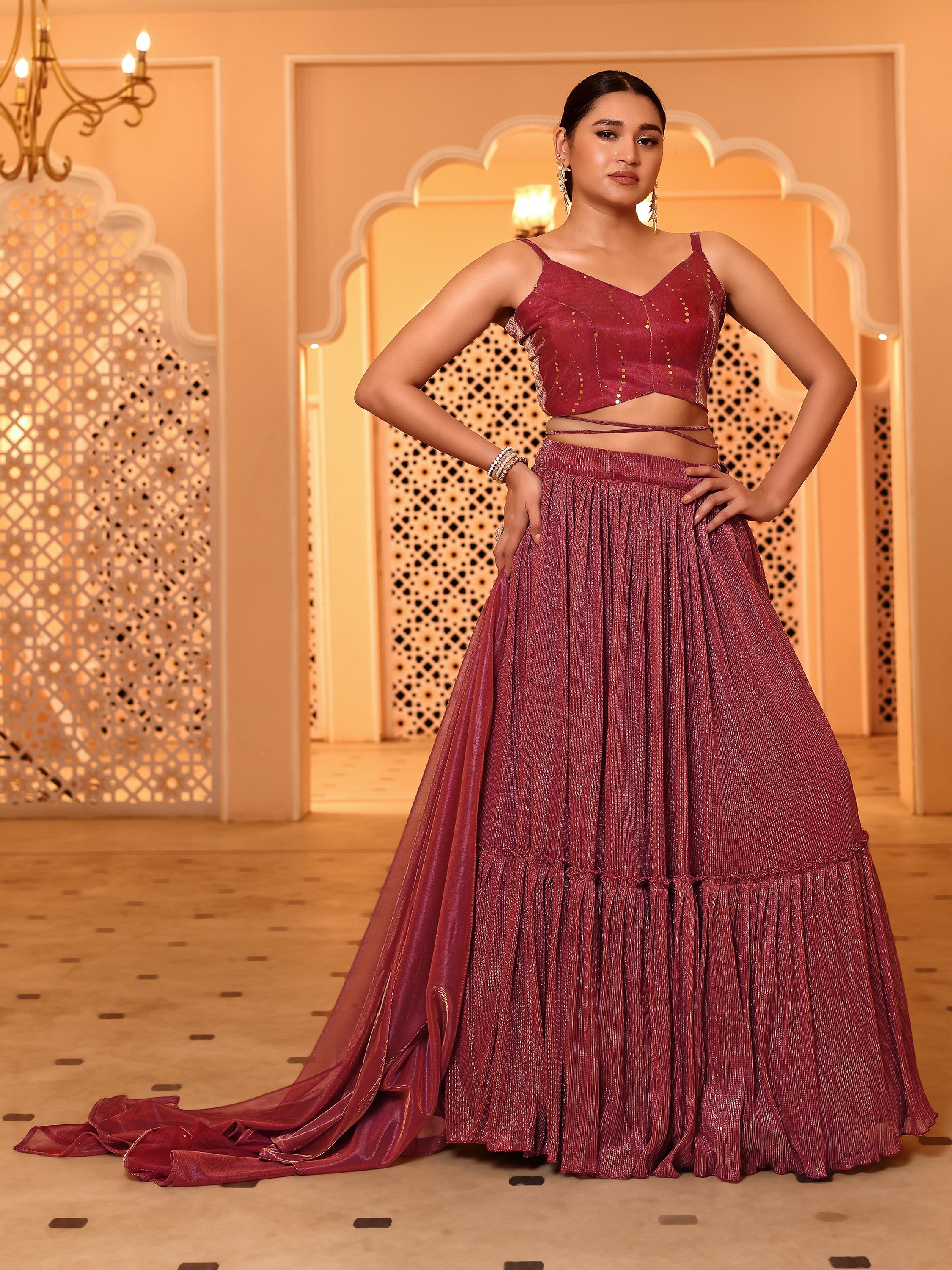 Maroon Sequin Starlit Lycra Lehenga Choli