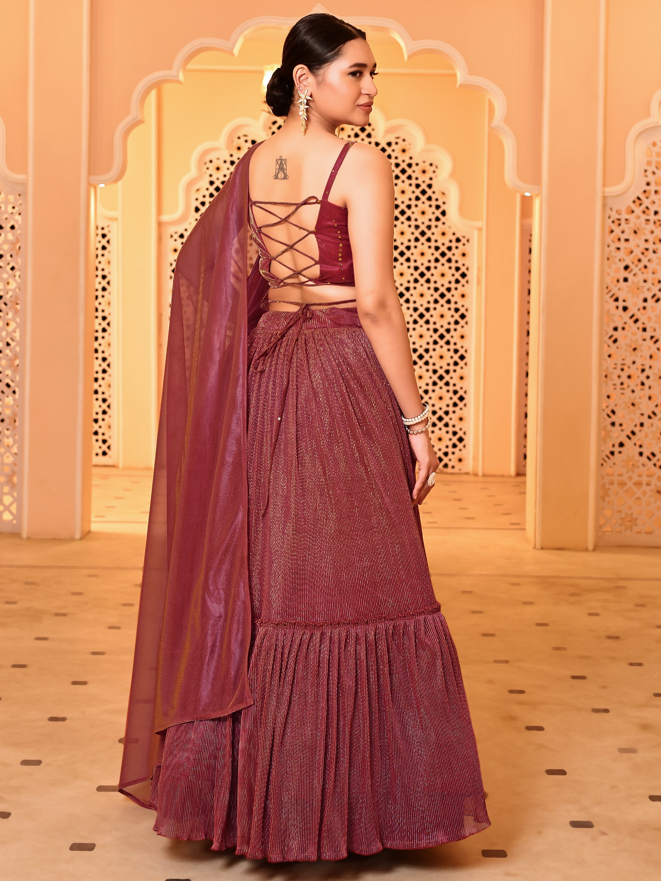 Maroon Sequin Starlit Lycra Lehenga Choli