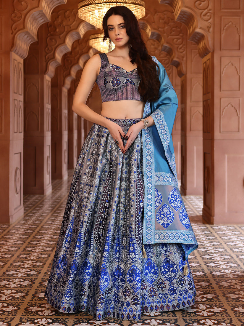 Grey & Blue Kanjivaram Silk Weaving Zari Lehenga Choli
