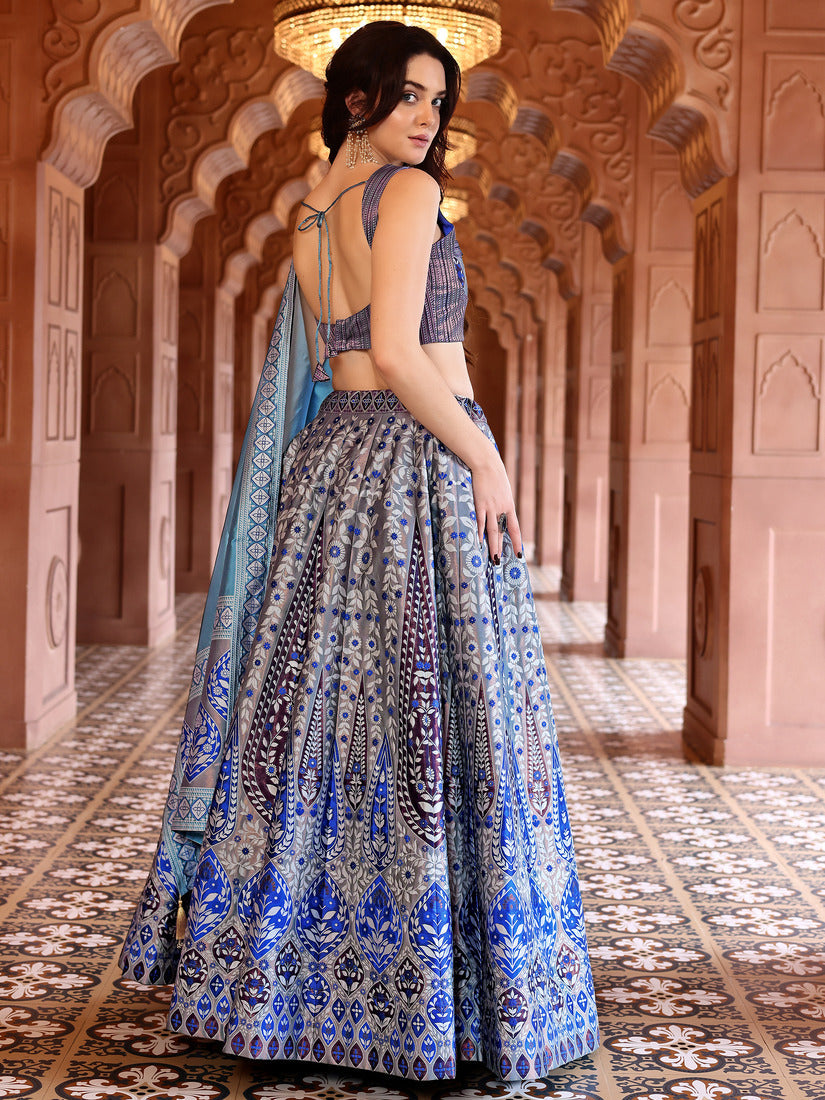 Grey & Blue Kanjivaram Silk Weaving Zari Lehenga Choli