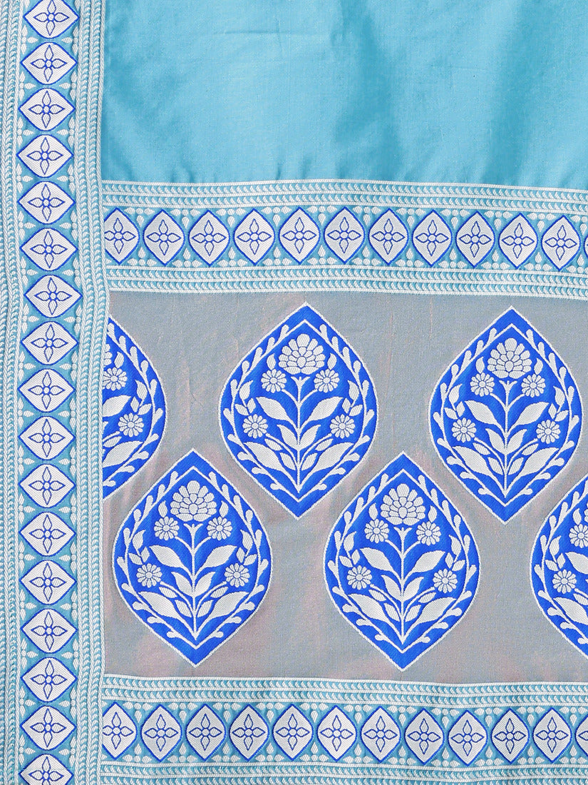 Grey & Blue Kanjivaram Silk Weaving Zari Lehenga Choli
