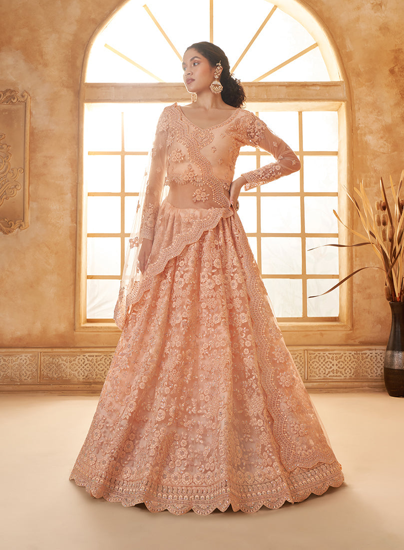 Peach Net Embroidered Designer Bridal Lehenga Choli