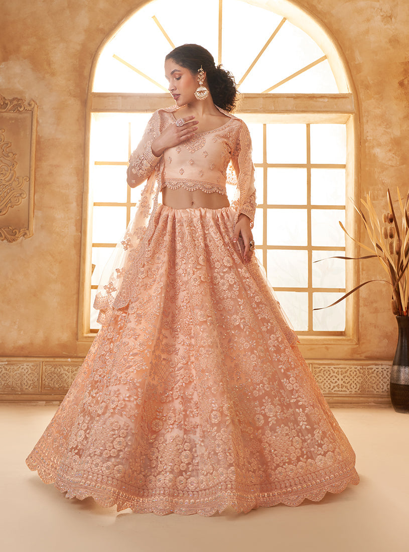 Peach Net Embroidered Designer Bridal Lehenga Choli