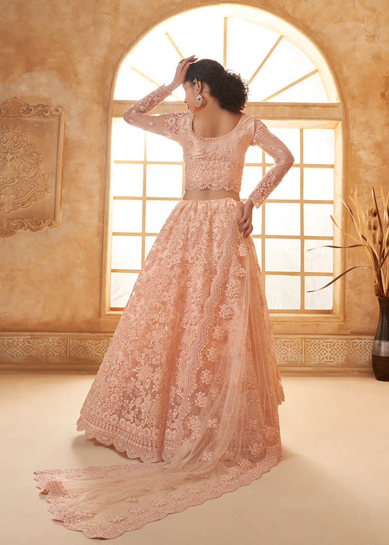 Peach Net Embroidered Designer Bridal Lehenga Choli