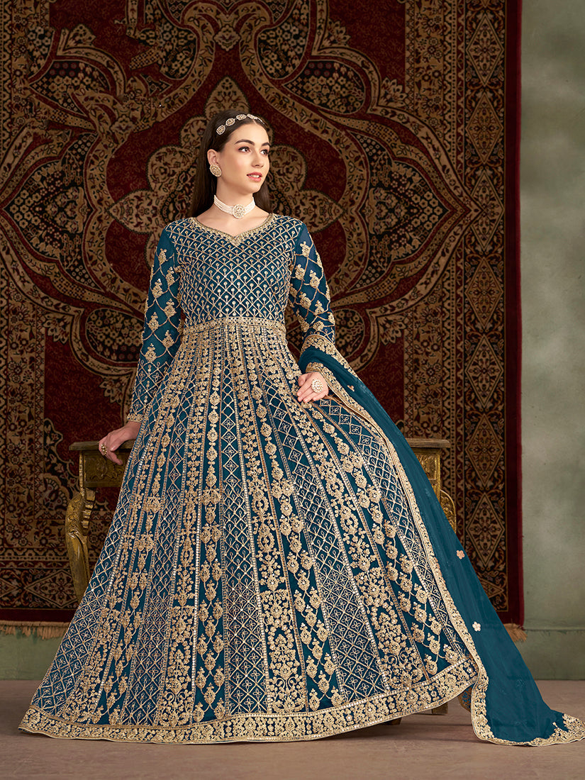 Teal Net Heavy Sequence Work Floor Length Anarkali Suit