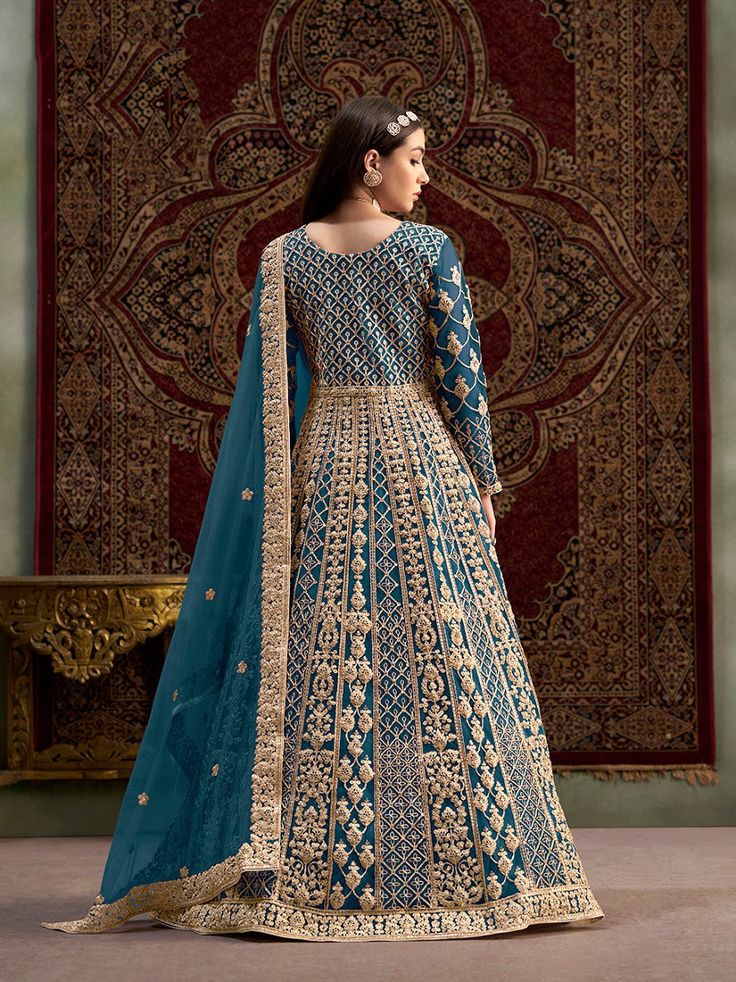 Teal Net Heavy Sequence Work Floor Length Anarkali Suit
