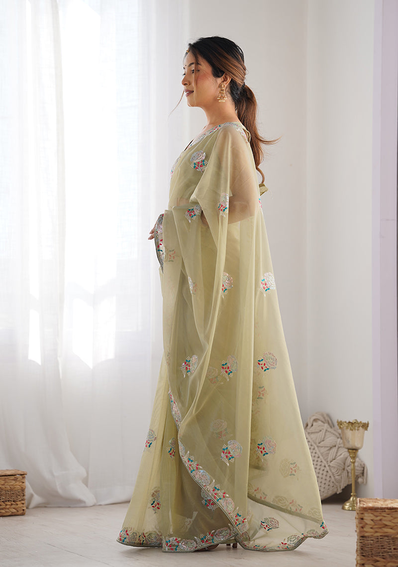 Pista Green Net Thread Embroidery Sequins Work Saree