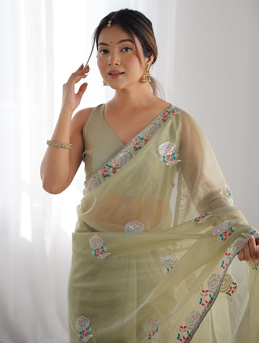 Pista Green Net Thread Embroidery Sequins Work Saree