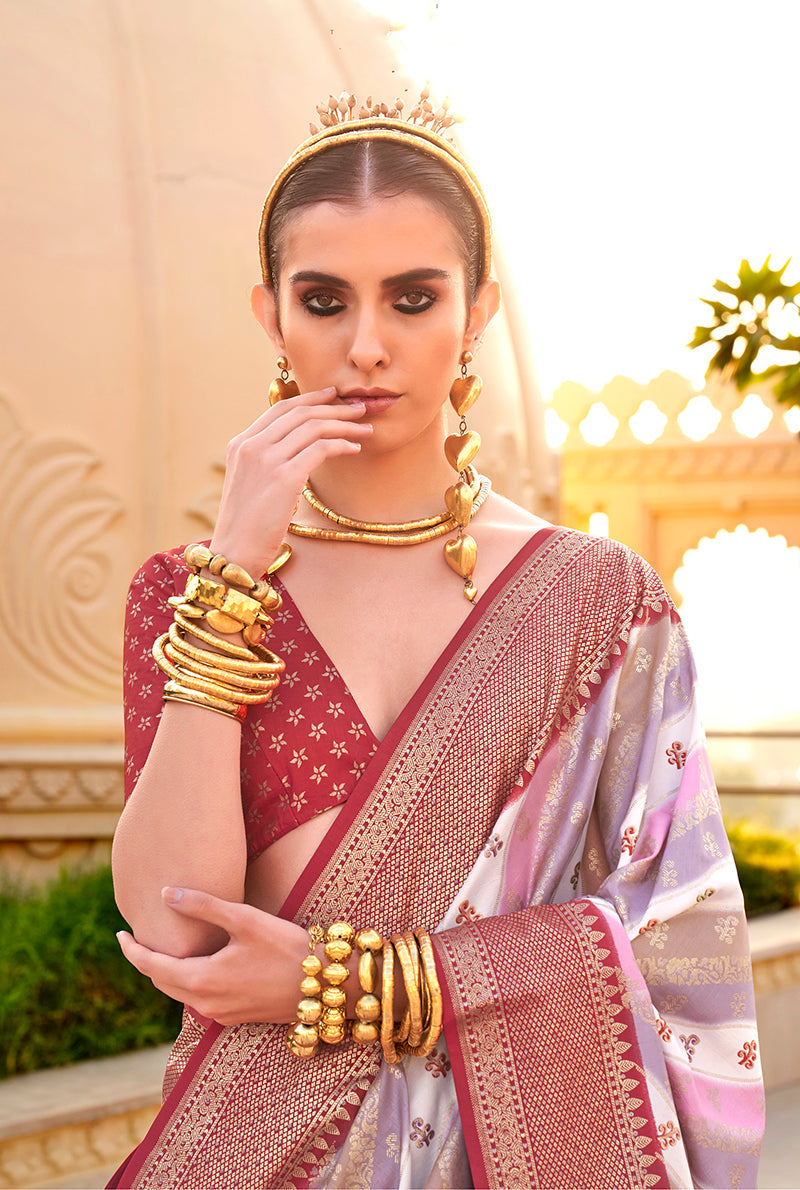 Maroon Silk Foil Print Saree
