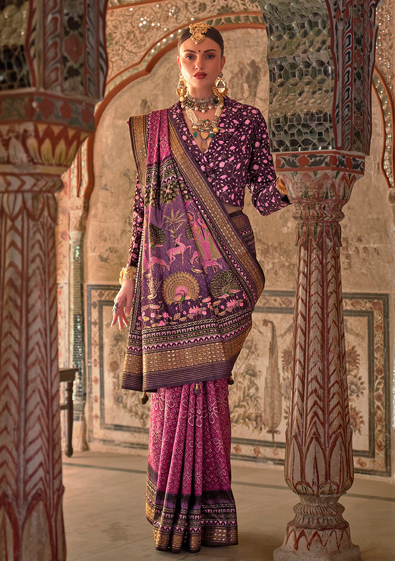 Magenta Viscose Silk Printed Traditional Saree