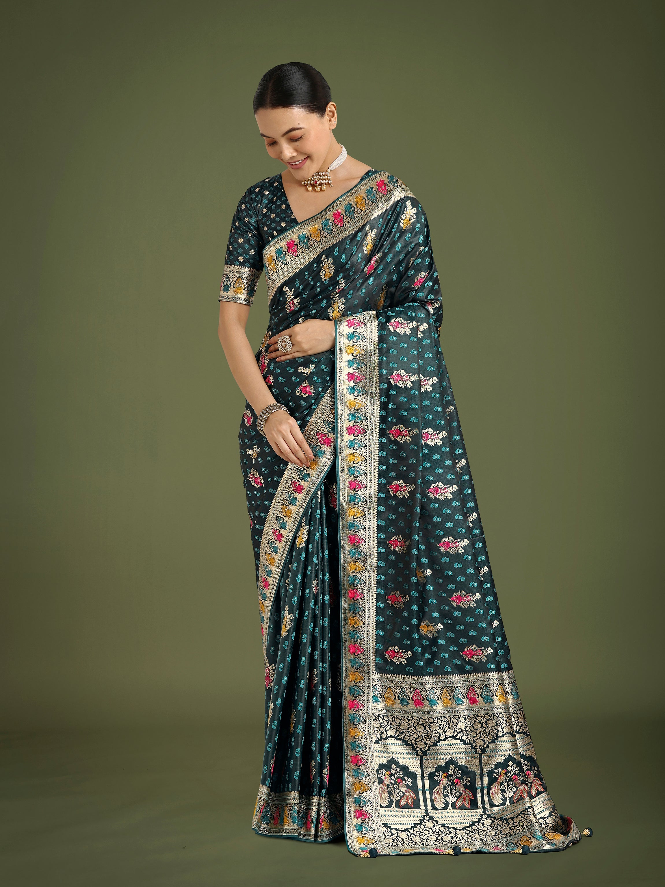 Teal With Gold Bordar Banarasi Zari Woven Satin Saree