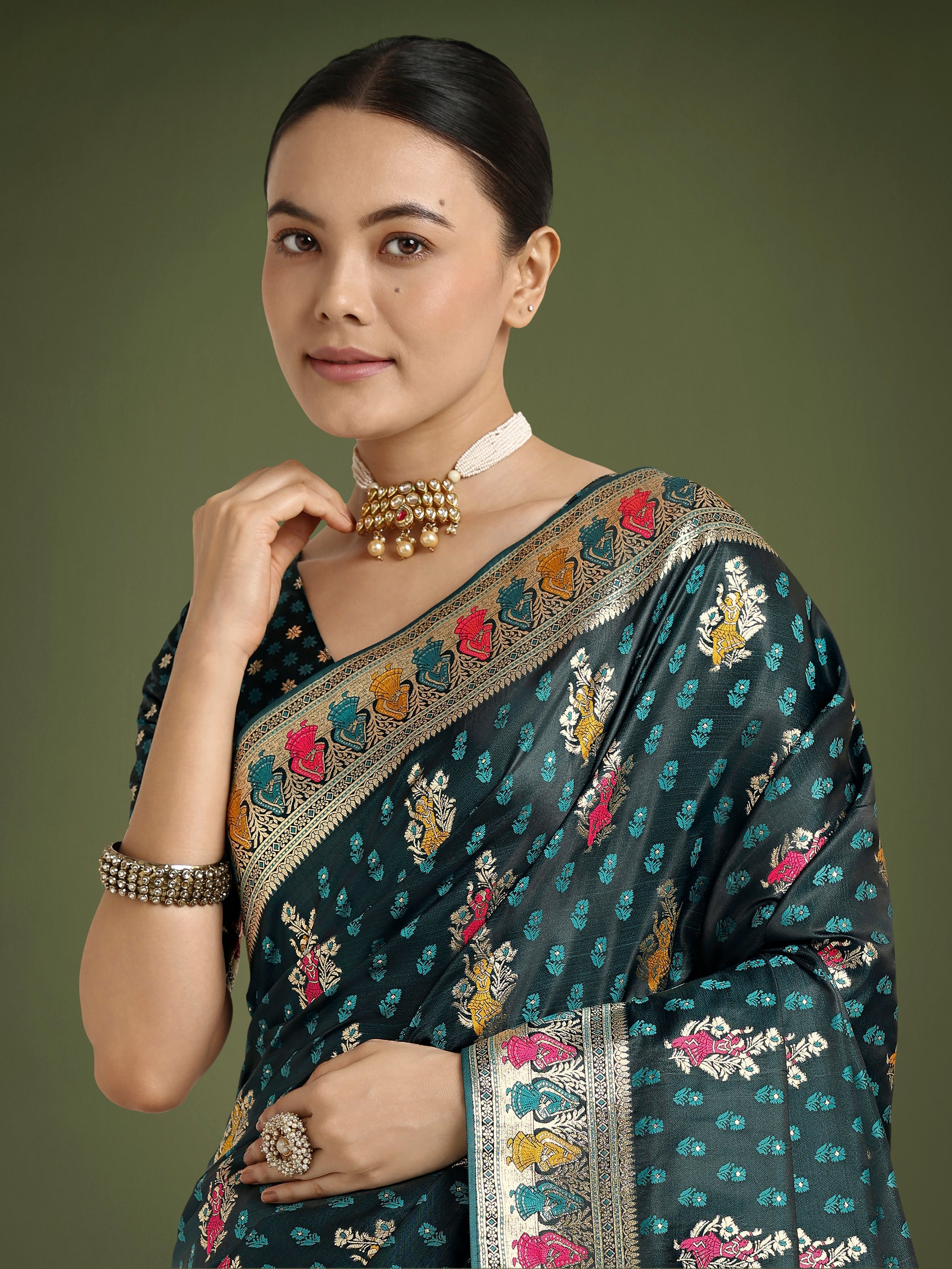Teal With Gold Bordar Banarasi Zari Woven Satin Saree
