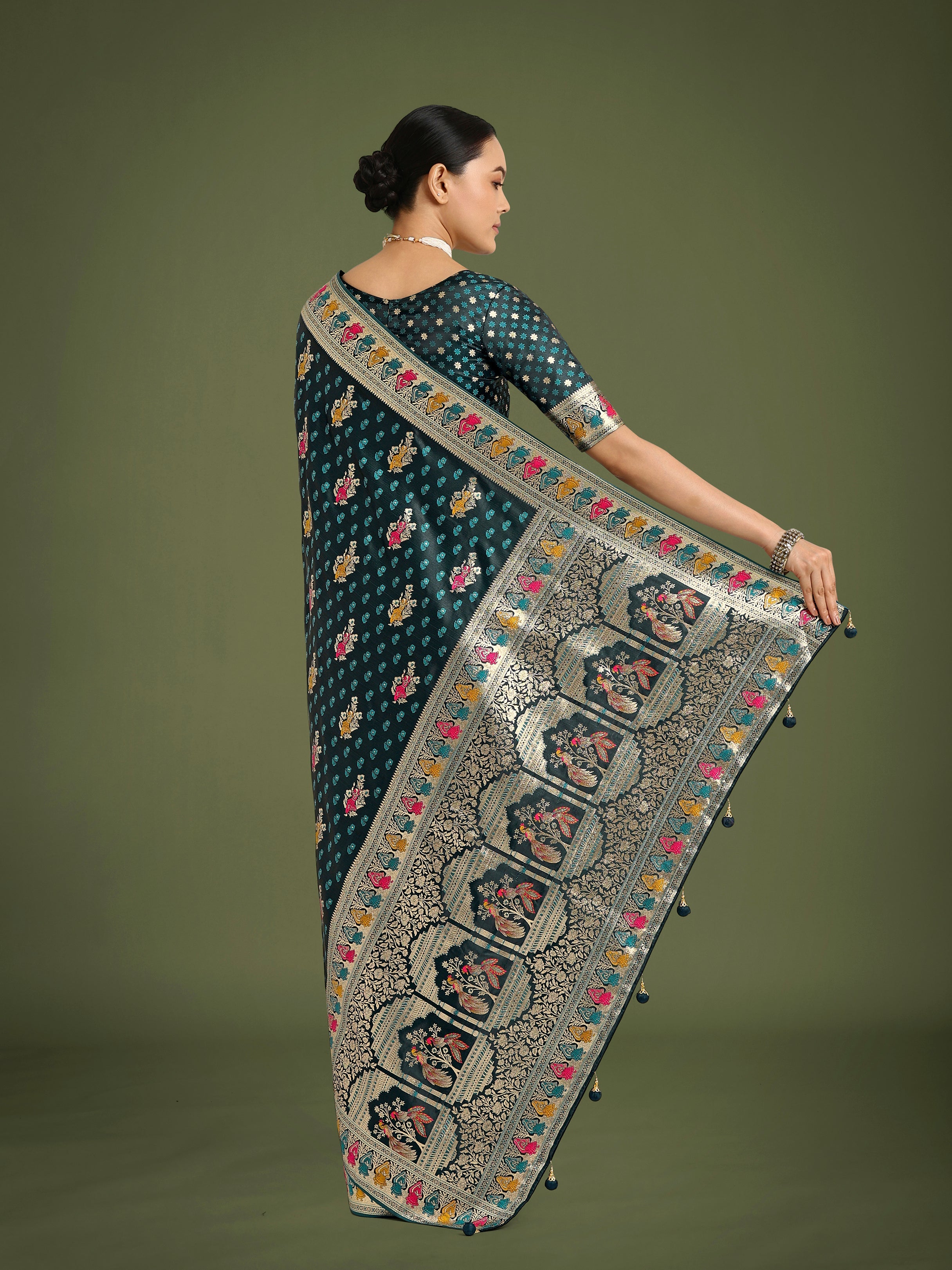 Teal With Gold Bordar Banarasi Zari Woven Satin Saree
