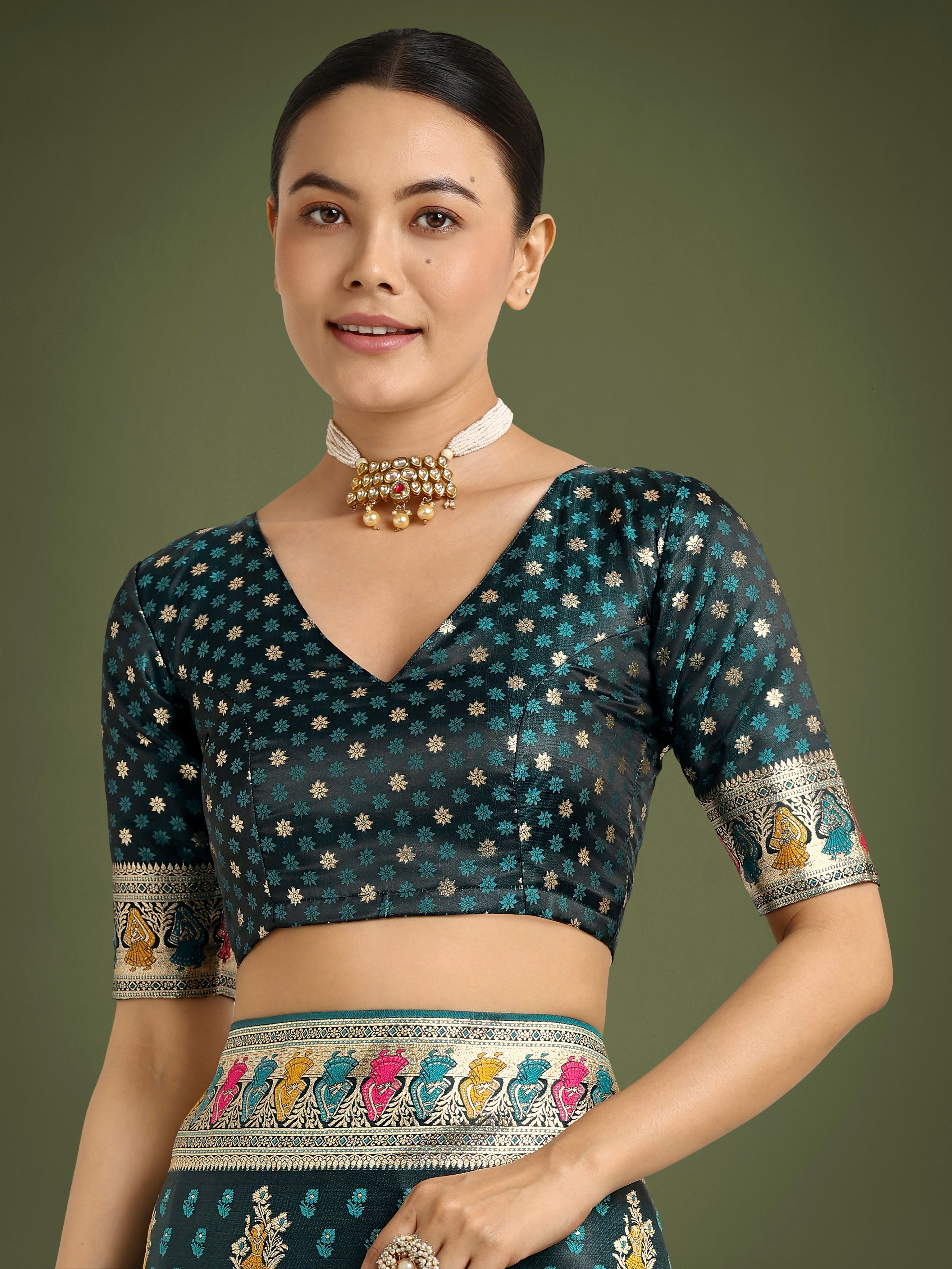 Teal With Gold Bordar Banarasi Zari Woven Satin Saree