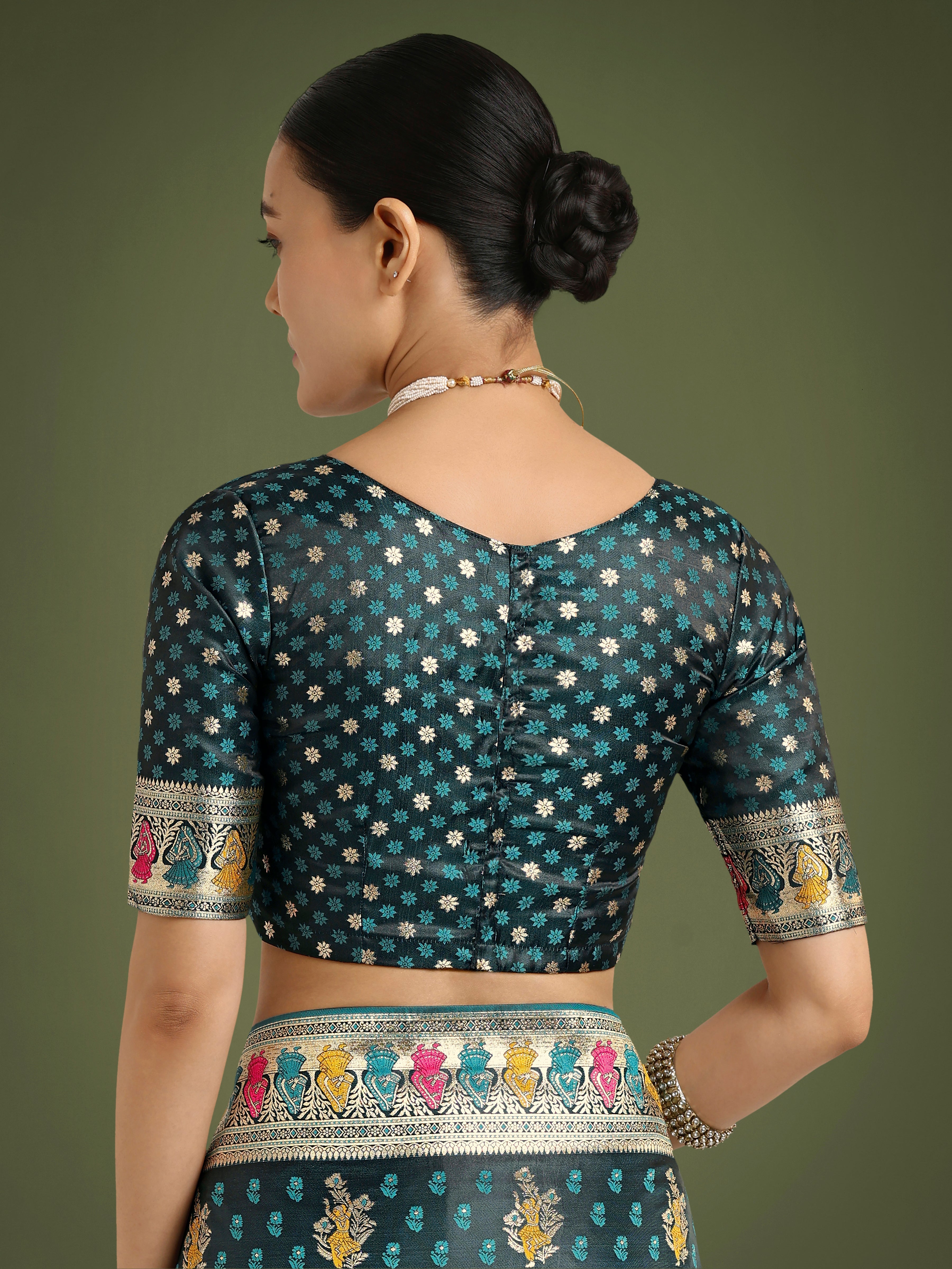 Teal With Gold Bordar Banarasi Zari Woven Satin Saree